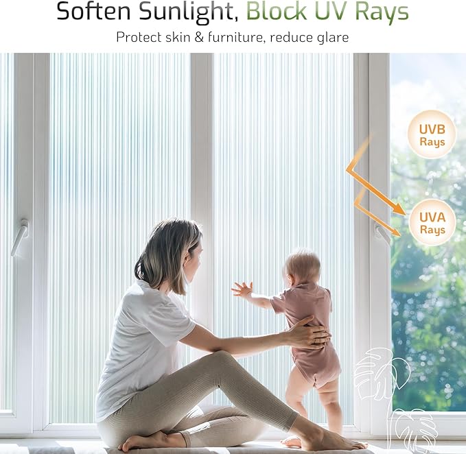 LUTE Reeded Glass Window Privacy Film, Frosted Glass Film, Removable 3D Decorative Decals Sun Blocking Anti UV Door Window Cover, No Glue Static Cling Vinyl for Bathroom Home Office, 23.6" x 157.4"