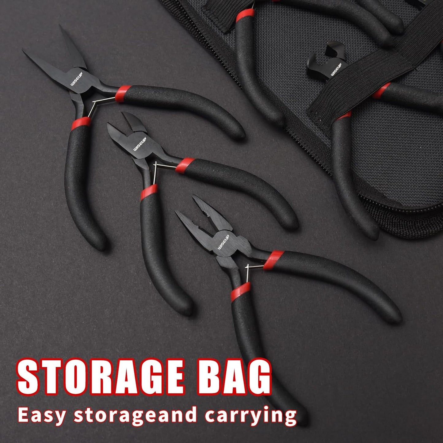 WISEUP 8-Piece Mini Pliers Set，Needle, Round, Flat, Long, Bent Nose, Diagonal, End Cutting & Linesman Pliers for Crafting, Electronics & Jewelry Making，with Pouch