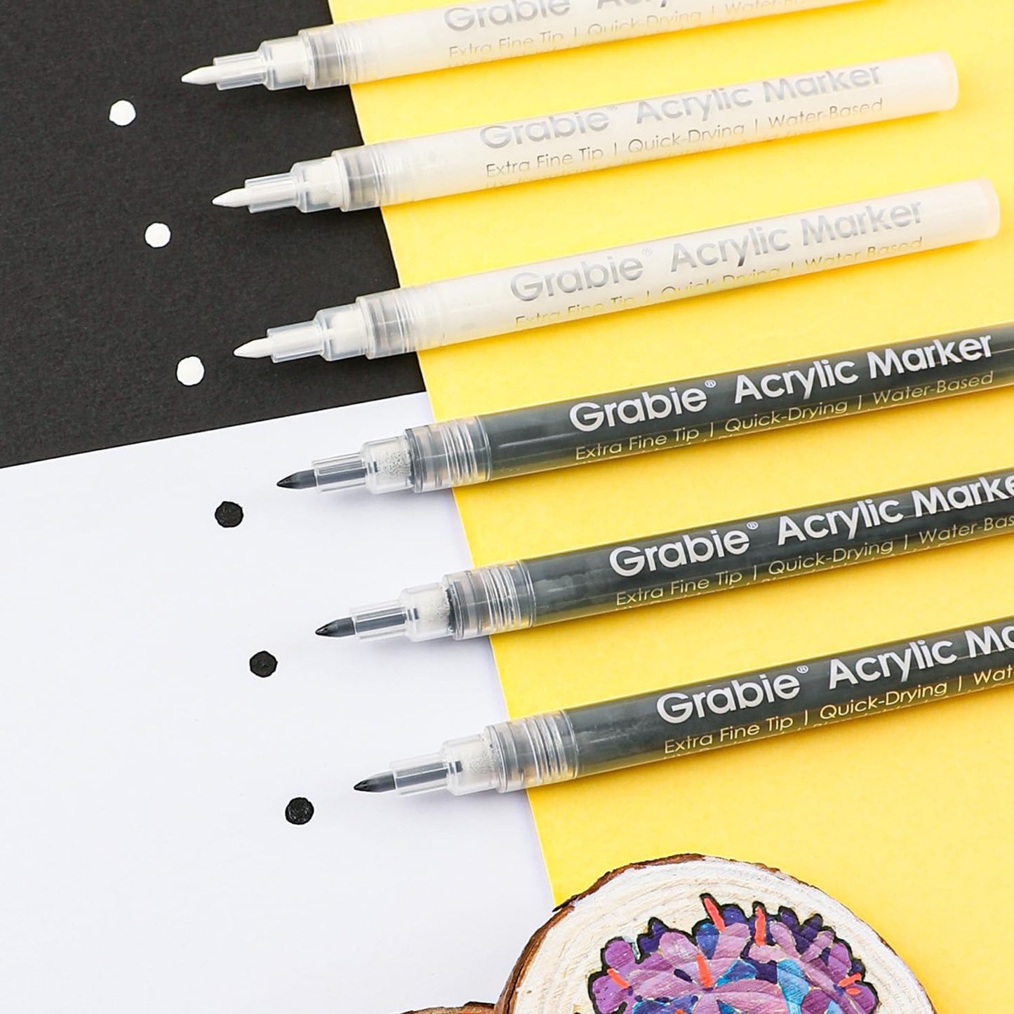 Grabie Black&White Extra Fine Tip Acrylic Paint Marker Set, 6 Pack, 0.7mm Acrylic Paint Pens for Highlights, White Highlight Markers