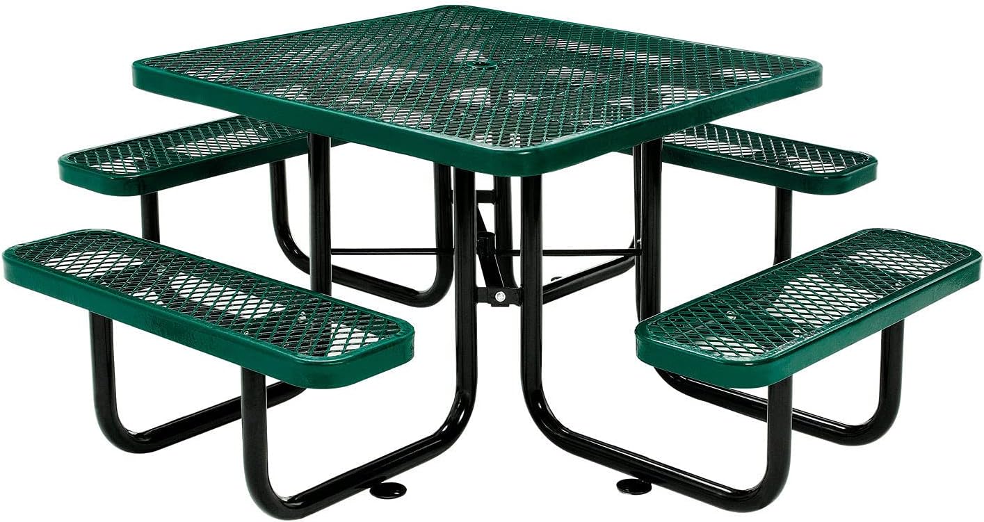 Global Industrial 46" Square Picnic Table, Expanded Metal, Green Thermoplastic Coating, Attached Benches, 1-1/2” Umbrella Pole Hole, Outdoor-Rated, 1000 lb Capacity