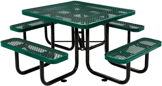 Global Industrial 46" Square Picnic Table, Expanded Metal, Green Thermoplastic Coating, Attached Benches, 1-1/2” Umbrella Pole Hole, Outdoor-Rated, 1000 lb Capacity