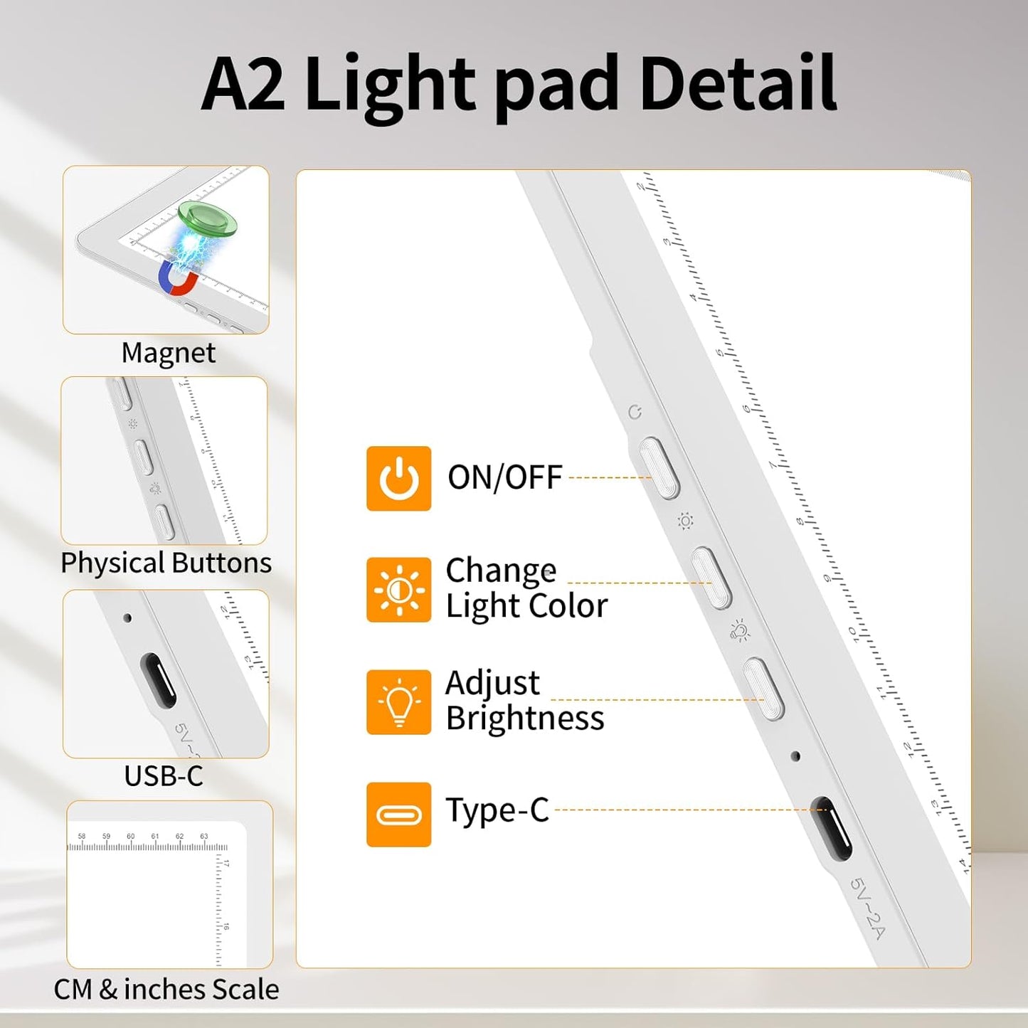 TOHETO Rechargeable Magnetic A2 Light Board 25.2''x18.4'', Large Diamond Painting Light Pad with Side Buttons, 3 Light Colors Light Box for Tracing and Drawing, Dimming LED Light Table for Sketching
