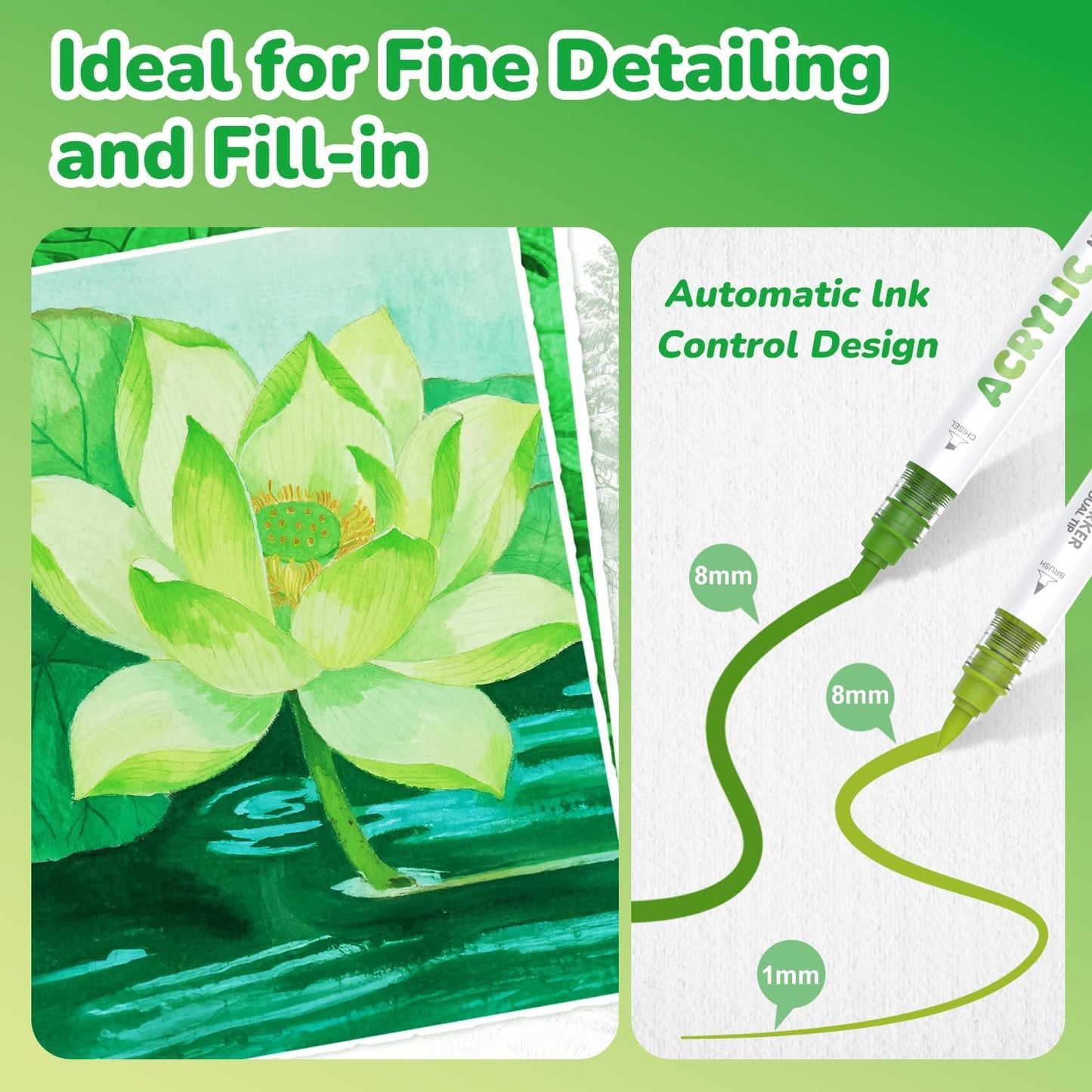 Guangna 12 Green Dual Tip Acrylic Paint Markers, Brush Tip & Chisel Tip Acrylic Paint Pens for Rock, Wood, Glass, Paper, Coloring Book, Ceramic, Canvas, Water-Based Ink