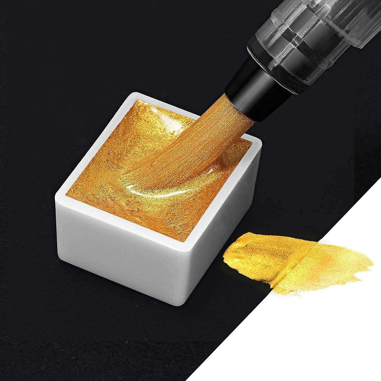 Emooqi Watercolor Paints Set, Metallic Glitter Watercolour Solid Paint Include 12 Metallic Glitter Color 2 Water Brushes 2 Color Card Storage Bag, Ideal for Illustrations Painting.