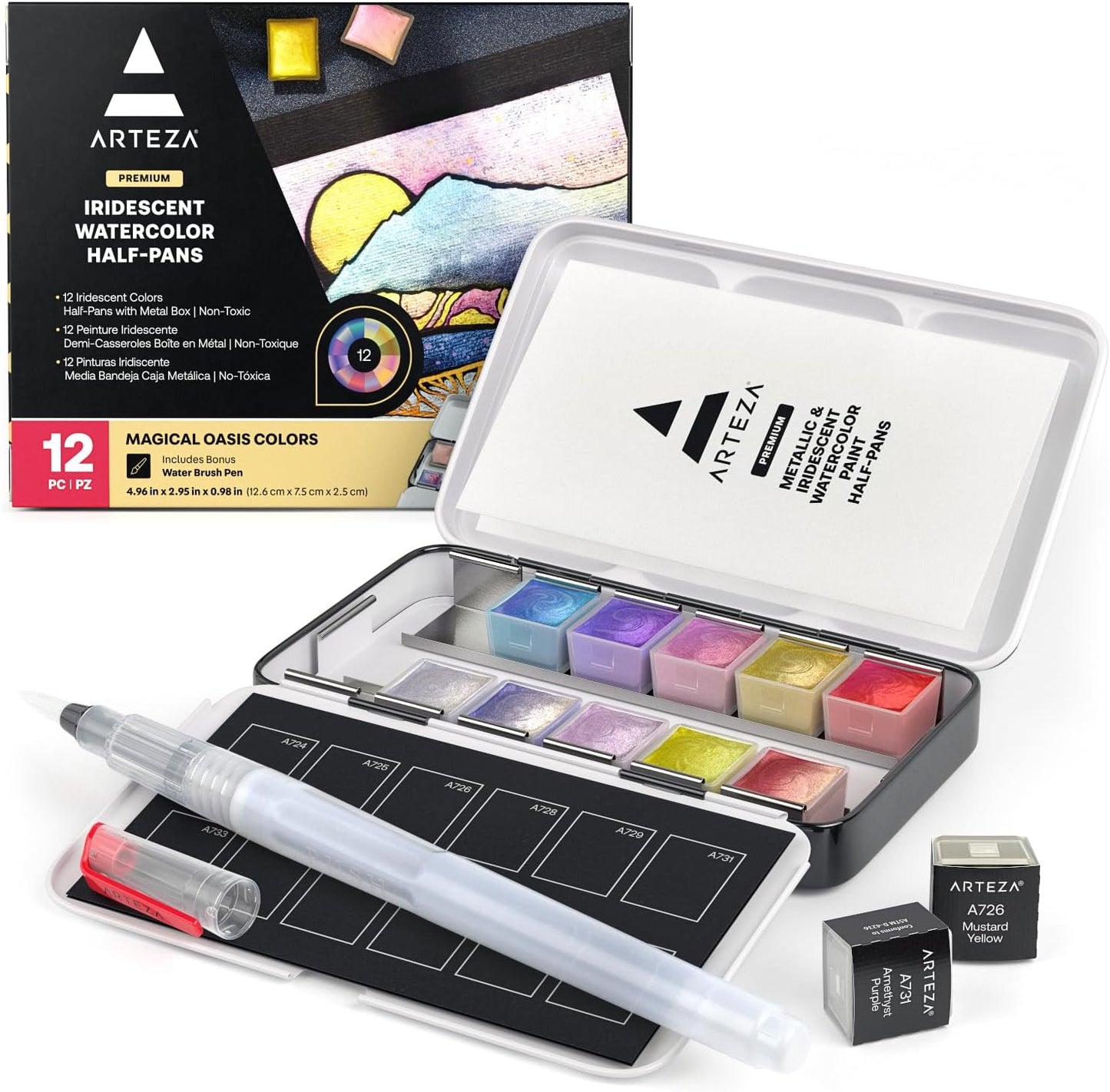 ARTEZA Metallic Watercolor Paint Set – 12 Iridescent Half Pans, Compact Travel Palette with Brush for Painting, Journaling & Mixed Media