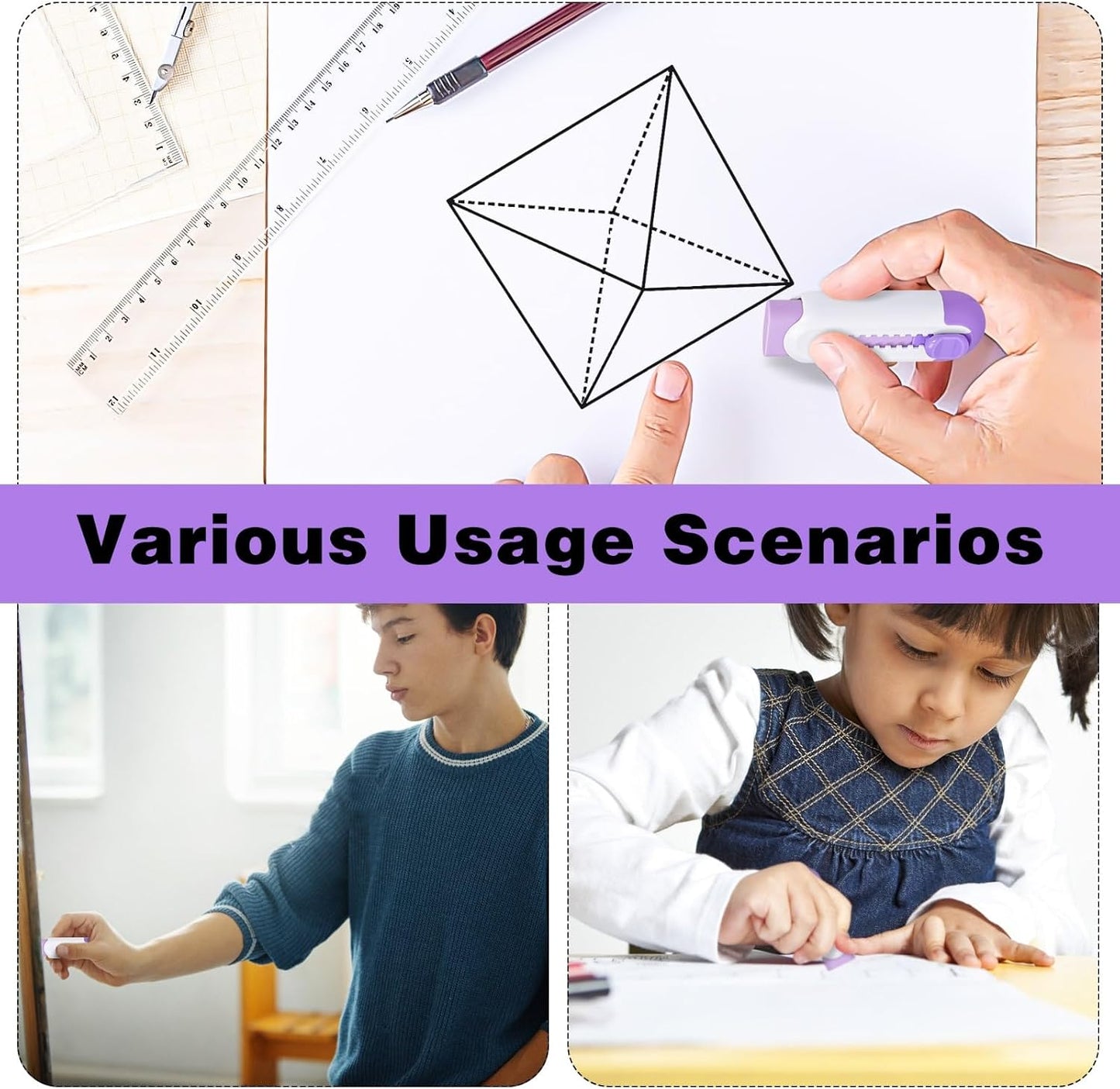 Pencil Erasers, Retractable Erasers for Pencils - White Purple, Pack of 5