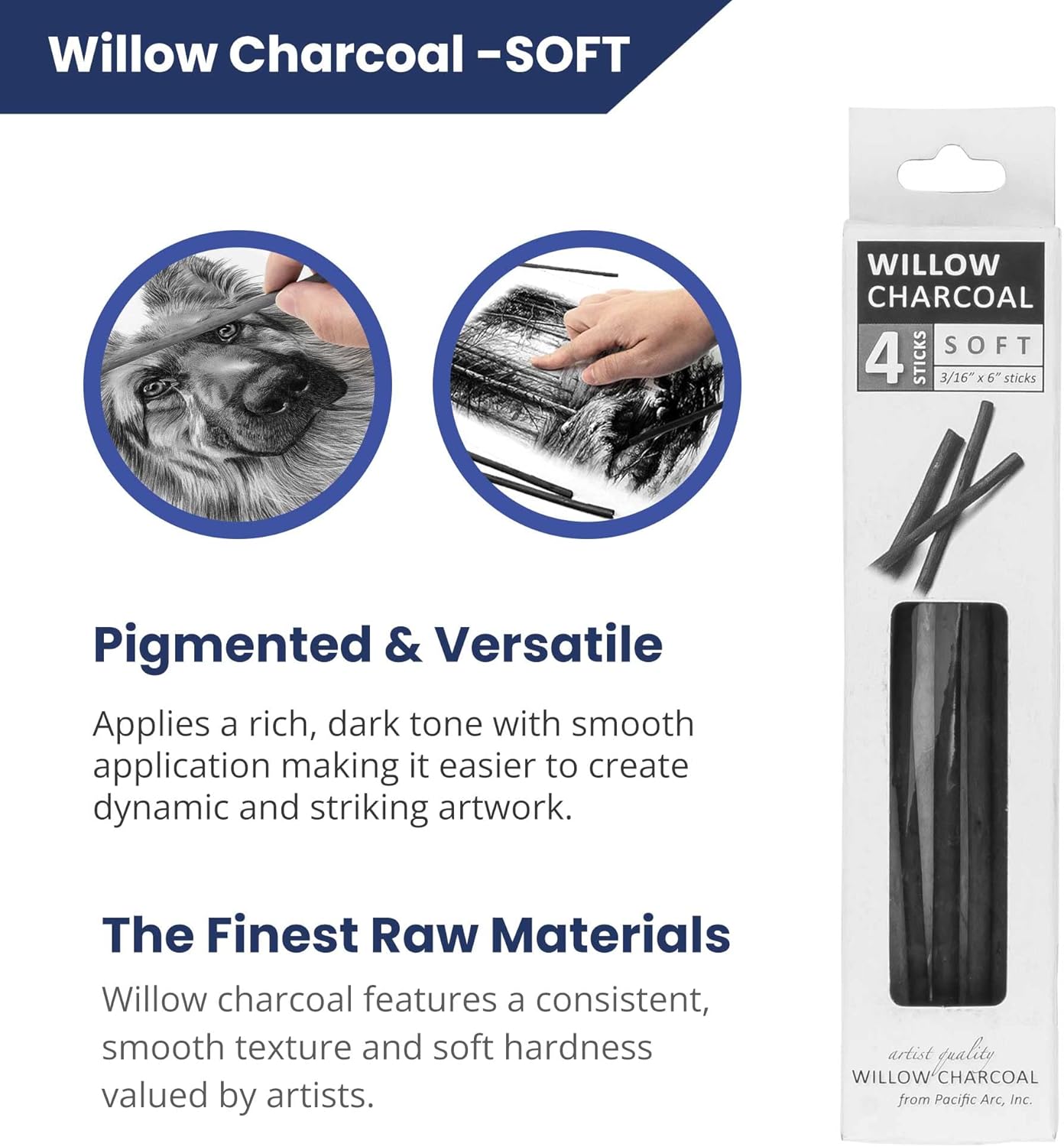 Pacific Arc Large Willow Charcoal Stick 4/Pkg, Soft, Black, Willow Charcoal for Sketching and Drawing