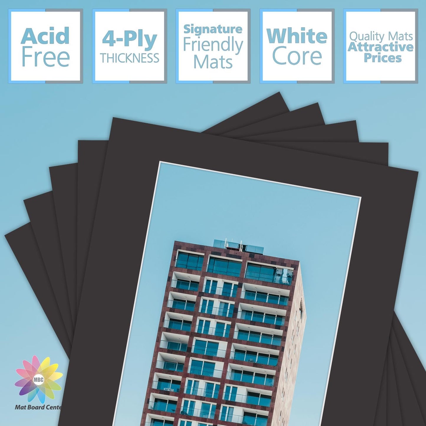 MBC Mat Board Center, 5 Pack 16x20 for 11x17 Black Picture Mats Frame Mattes, Bevel Cut, Acid Free, 4-ply Thickness