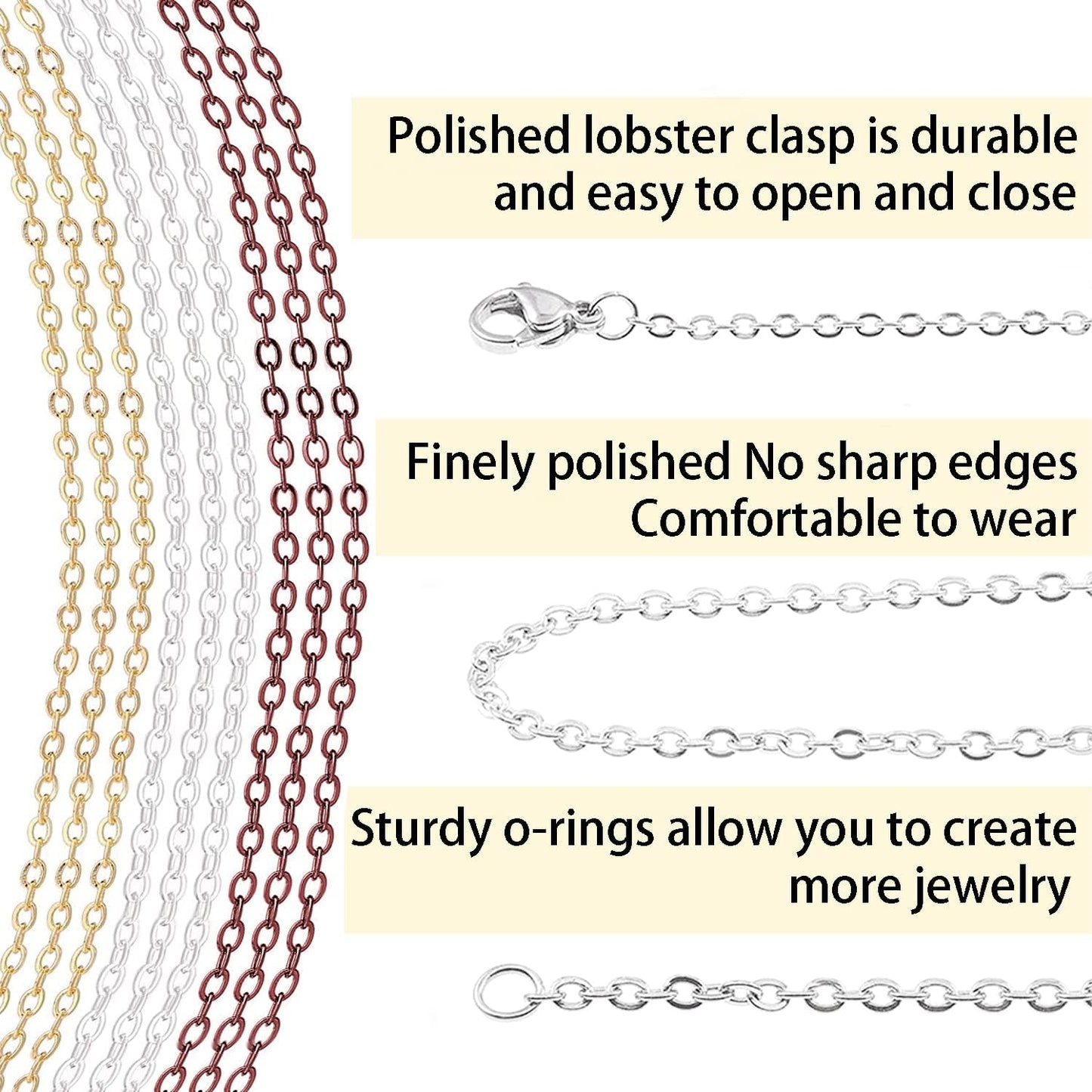 Jishi 30ft Jewelry Making Chains Bulk 2mm Necklace Chains for Jewelry Making Supplies, DIY Craft Earring Bracelet Making Findings, 3-Colors Gold Silver Copper Plated Metal Rolo Cable Link Chain Rolls