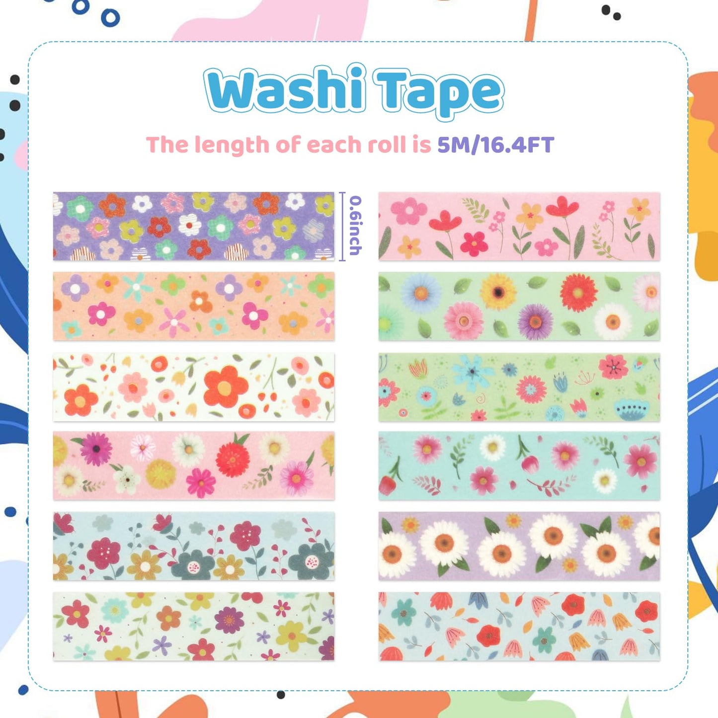 12 Rolls Sunflower Washi Tape Set, Floral Botanical Writable Masking Tapes, Cute Spring Colored Adhesive Tapes for DIY Art Crafts, Gift Wrapping, Scrapbook, School Supplies, Painters, Planners 16.4Ft