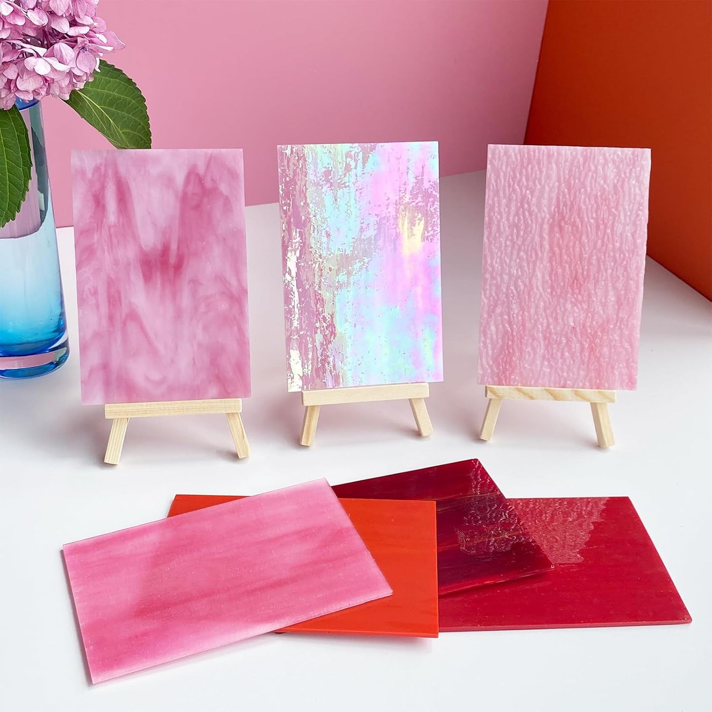 ILLUCKAI 12 Sheets Mixed Red Pink Stained Glass Sheets, 4 x 6 inch Stained Glass Supplies Mosaic Glass Tiles for Crafts, Cathedral Glass Art Glass for Stained Glass Beginners and Hobbyists