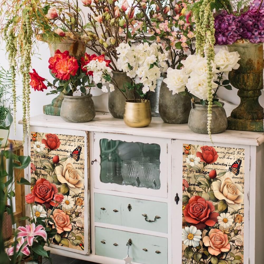 GLOBLELAND 4 Sheets Vintage Flowers Rub on Transfers Rose and Daisy Furniture Decor Transfers Sticker UV Transfers Decal Craft for Bedroom Living Room Desk Table Decoration
