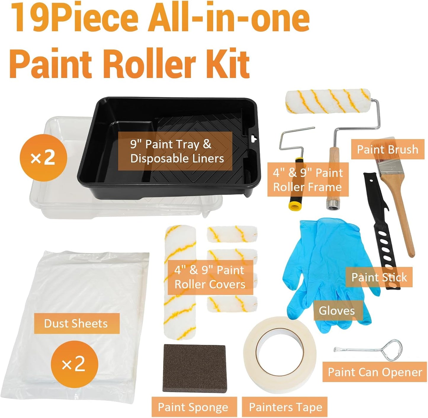 ETERNA Paint Roller Kit, 19 Pieces Paint Supplies for House Painting with Paint Tray&Liners, 9 inch+4 inch Paint Roller Covers&Frames, Paint Brushes, Perfect for Wall Decorating Home DIY