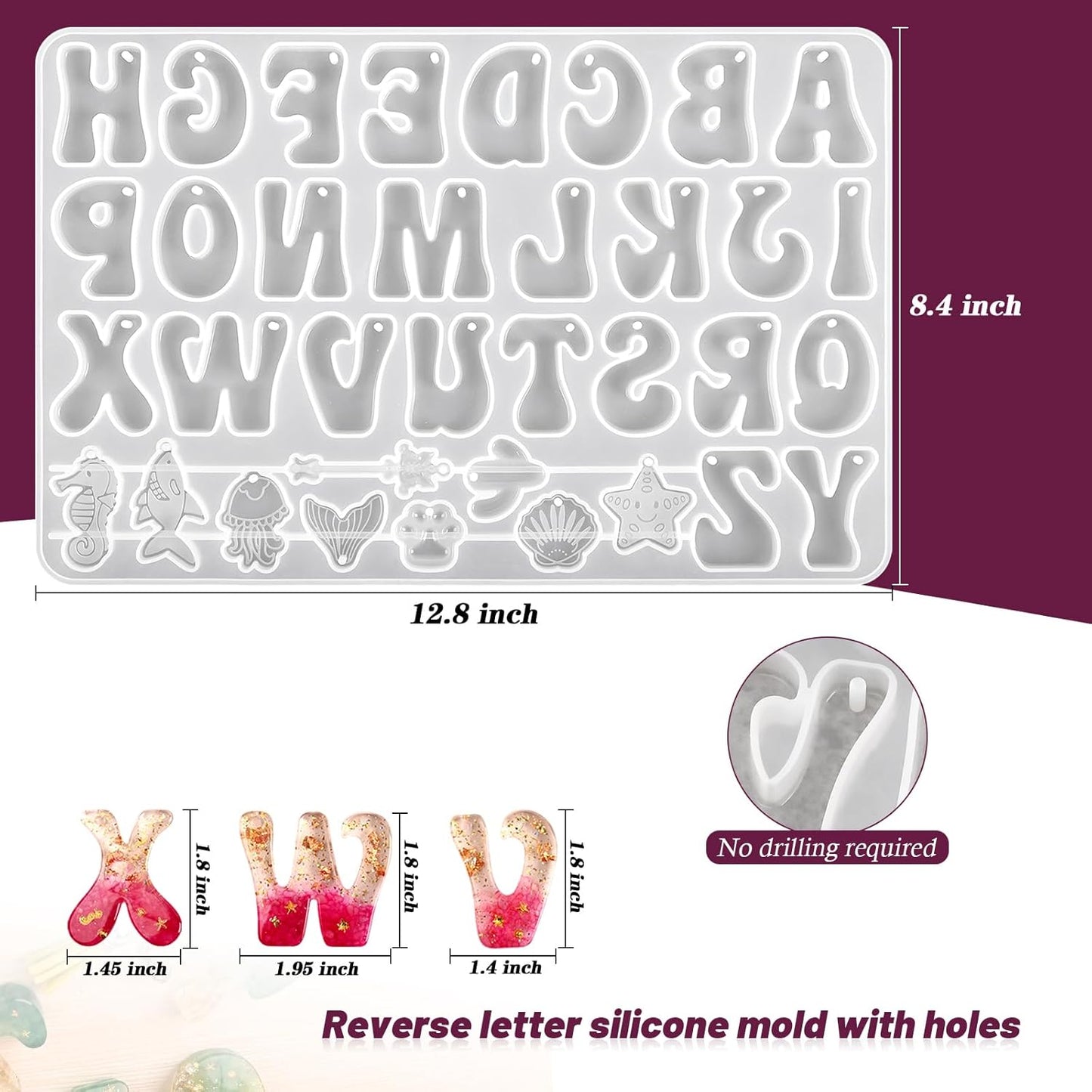Actvty Alphabet Resin Mold, Reversed Alphabet Silicone Molds with Holes for Epoxy, Letter Molds for Resin DIY Keychain Jewelry Pendant