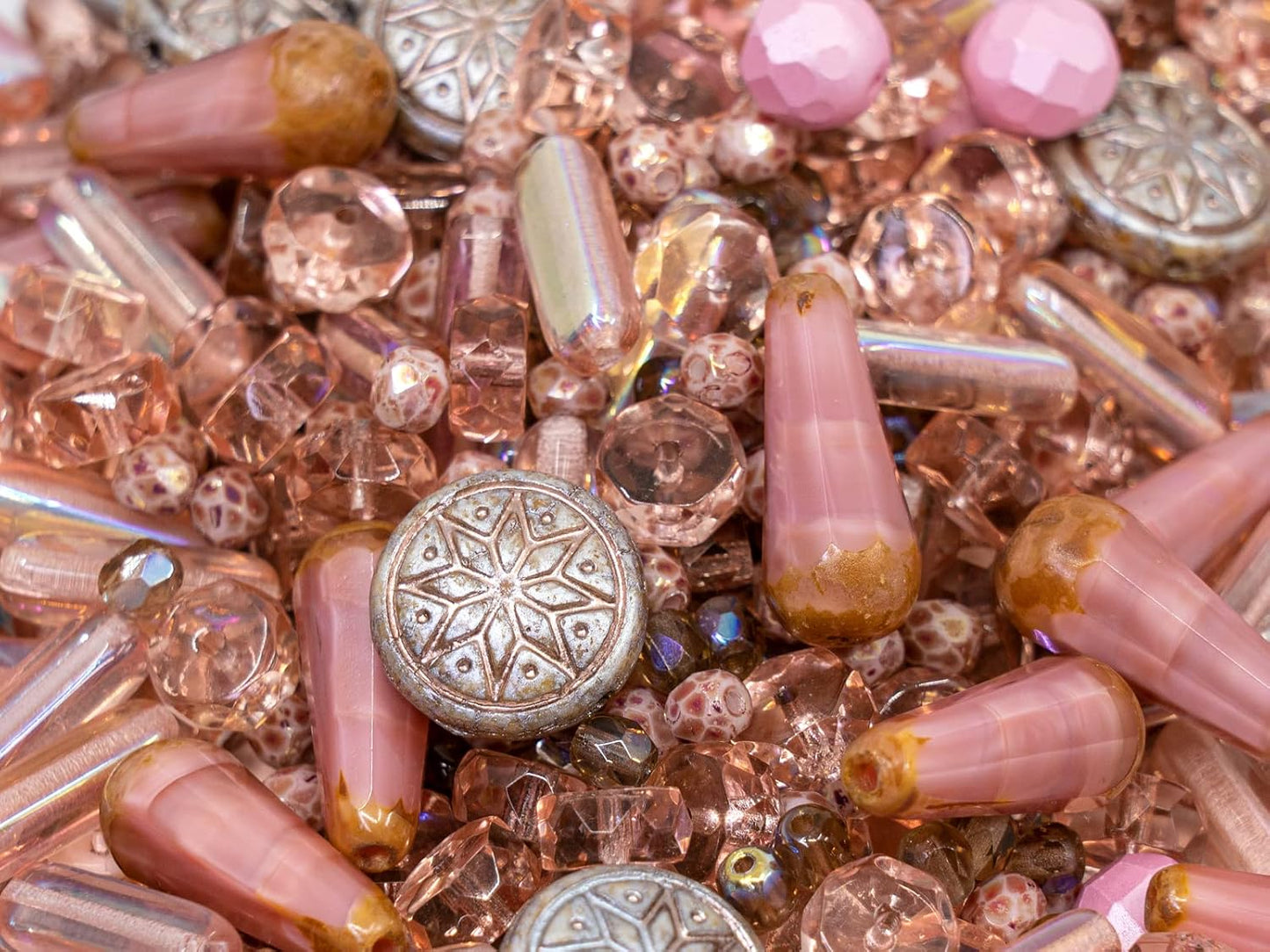 2.1oz (60 g) Mix of Unique Czech Bohemia Glass Pressed Beads, Dirty Pink Antique, Table Cut, Matte and Glossy, Faceted Fire Polish, Hand Made Set Kit BCV
