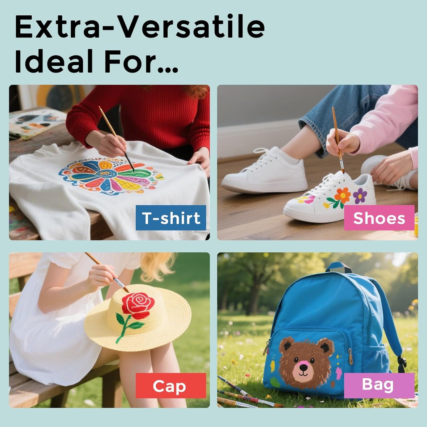 24 Colors Fabric Paint For Clothes Permanent, Soft Fabric Paint in Bottles with 10 Brushes ，Stencils& Palette,Non-Toxic Textile Paint for Shoes，Jeans ，Bags& DlY Projects(60ml/2oz)