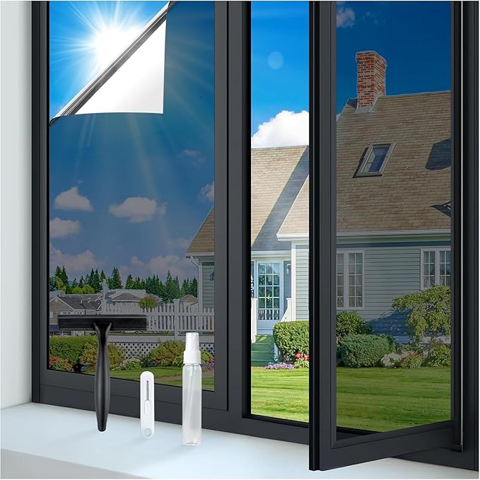 rabbitgoo One Way Window Privacy Film Tint with 3 Tools for Home, Sun Heat UV Blocking Control Reflective Adhesive Mirror Tint See Out Not in Office Door Covering, Black Silver, 17.5 x 157.5 inches