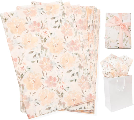 White Floral Tissue Paper for Gift Bags and Packaging, 28 Large Sheets Bulk Pack, White and Pink Flower Pastel, Bridal Wrapping Paper for Wedding or Girl Baby Shower, decoupage, stuffing paper