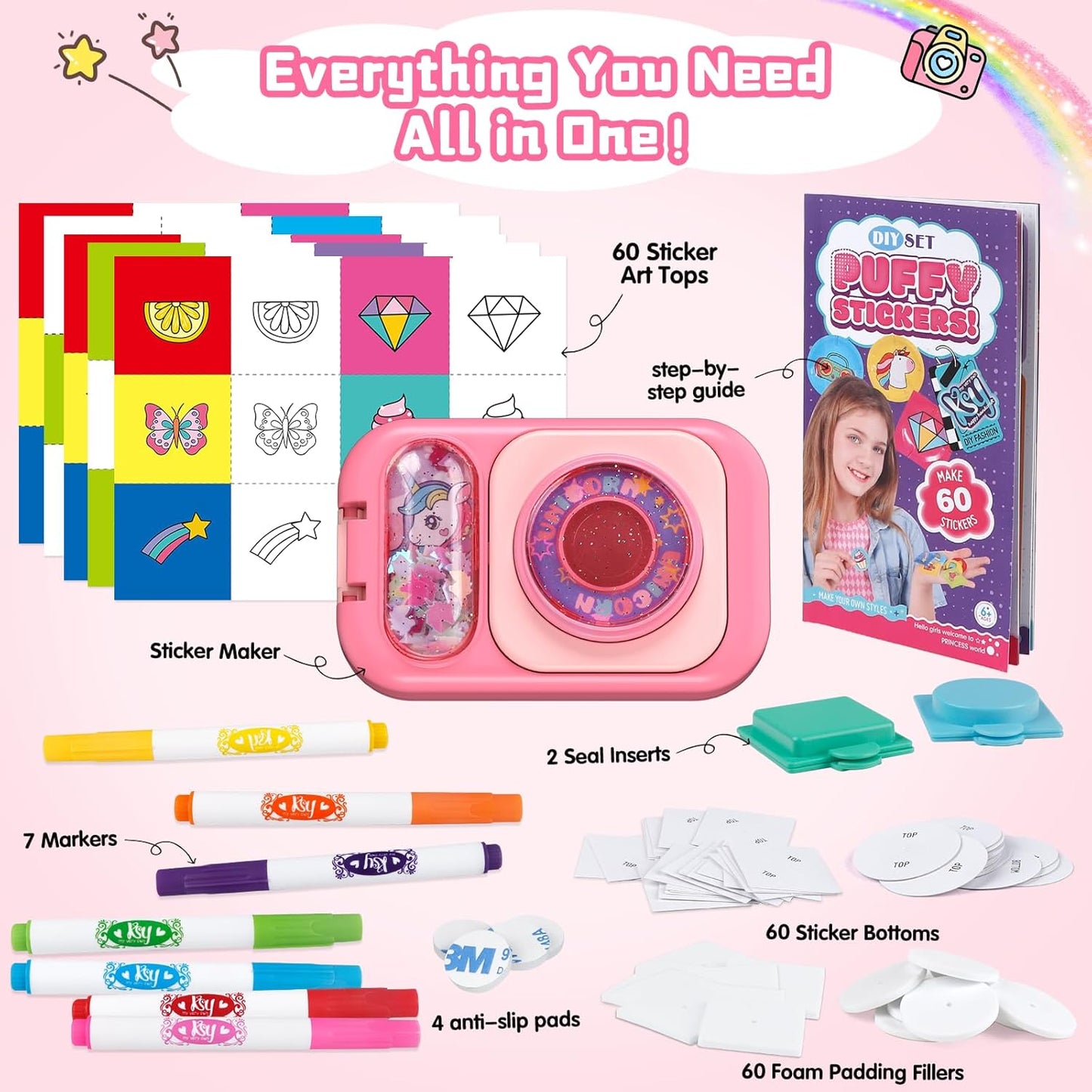 Sticker Maker for Kids - Make Your Own 60 Stickers with DIY Puffy Sticker Kit - Create a 3D Sticker Machine Arts and Crafts for Kids Ages 6-12 - Fun Craft Kits & Gifts for Girls Boys Year Old