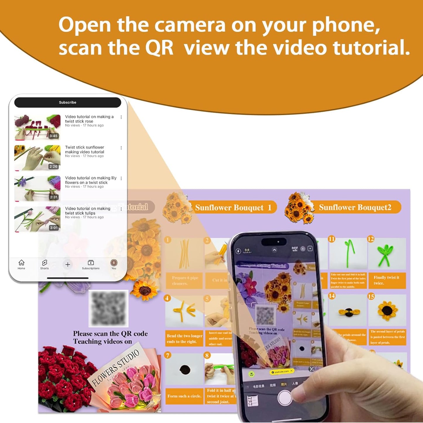 LOLEDE 400Pcs Pipe Cleaners Craft Kit, 3 Colors Chenille Stems for DIY Artificial Flower Making with Floral Wires, Gardening Tape, LED String Lights, Pearl Beads & Ribbon (Yellow)