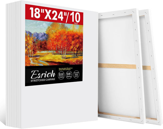 ESRICH 18x24 Inch Stretched Canvas for Painting, 10Pack Large Canvas for Painting, Primed Acid-Free Cotton Blank Canvases, Art Paint Canvases for Oil, Watercolor, Acrylic Paint, Gouache.