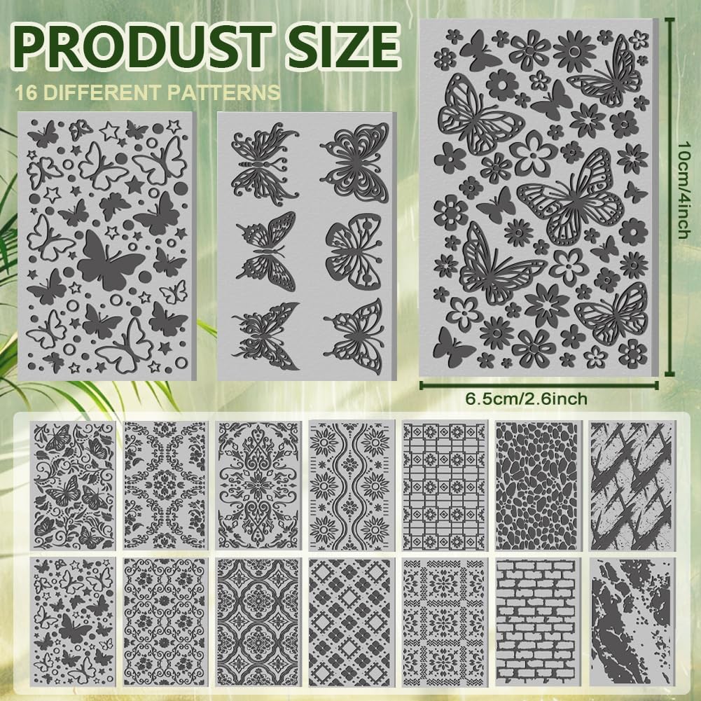 CHGCRAFT 16 Sheets Flower and Butterfly Clay Texture Mat Vintage Pattern Polymer Clay Texture Sheets DIY Tools for Pottery Earring Jewelry Making Stamp Engraving Machines, 4x2.6inch