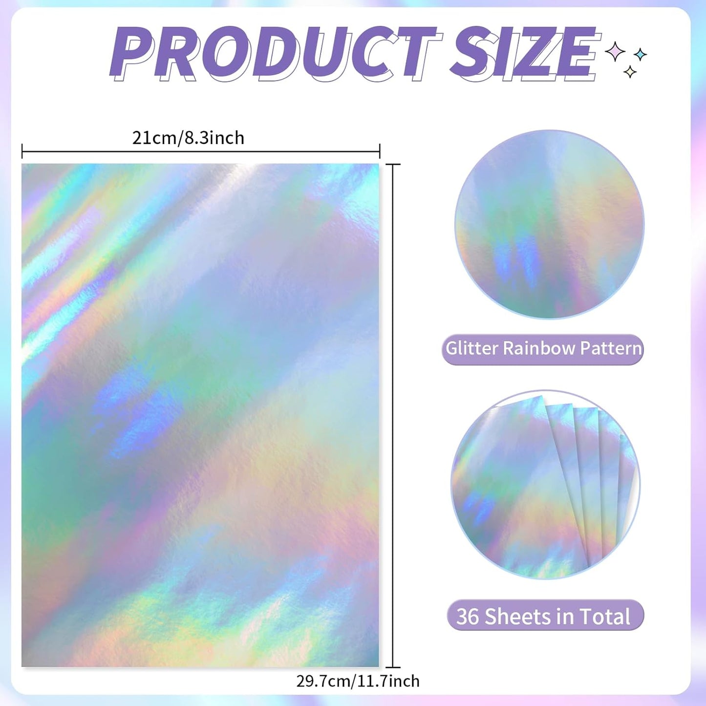 36 Sheets Holographic Sticker Paper,Holographic Laminate Sheets,A4 Size Clear Vinyl Sticker Sheets Self-Adhesive Rainbow Overlay Sheets,11.7 x 8.3 Inches（Laser）