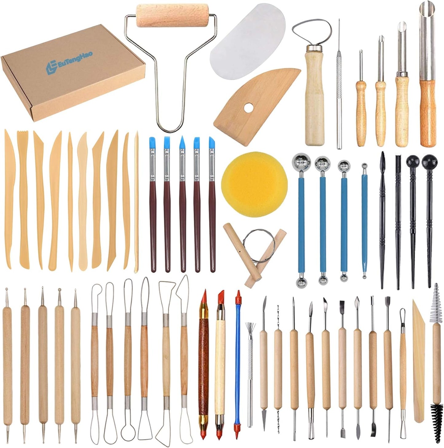 EuTengHao 61Pcs Ceramic Clay Tools Kit Pottery Tools Clay Sculpting Shapers Carving Tool Set Contains Most Essential Wooden Clay Tools for Potters Beginners