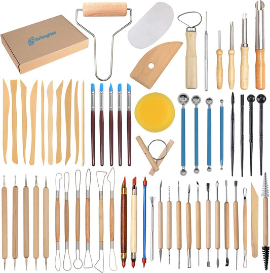 EuTengHao 61Pcs Ceramic Clay Tools Kit Pottery Tools Clay Sculpting Shapers Carving Tool Set Contains Most Essential Wooden Clay Tools for Potters Beginners