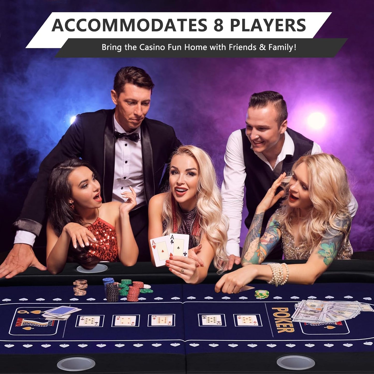 71" Foldable Poker Table for 8 Players, Professional Texas Hold'em Casino Table with Padded Rails& Cup Holders, Casino-Grade Felt Folding Game Table for Blackjack, Home, Parties, Game Nights