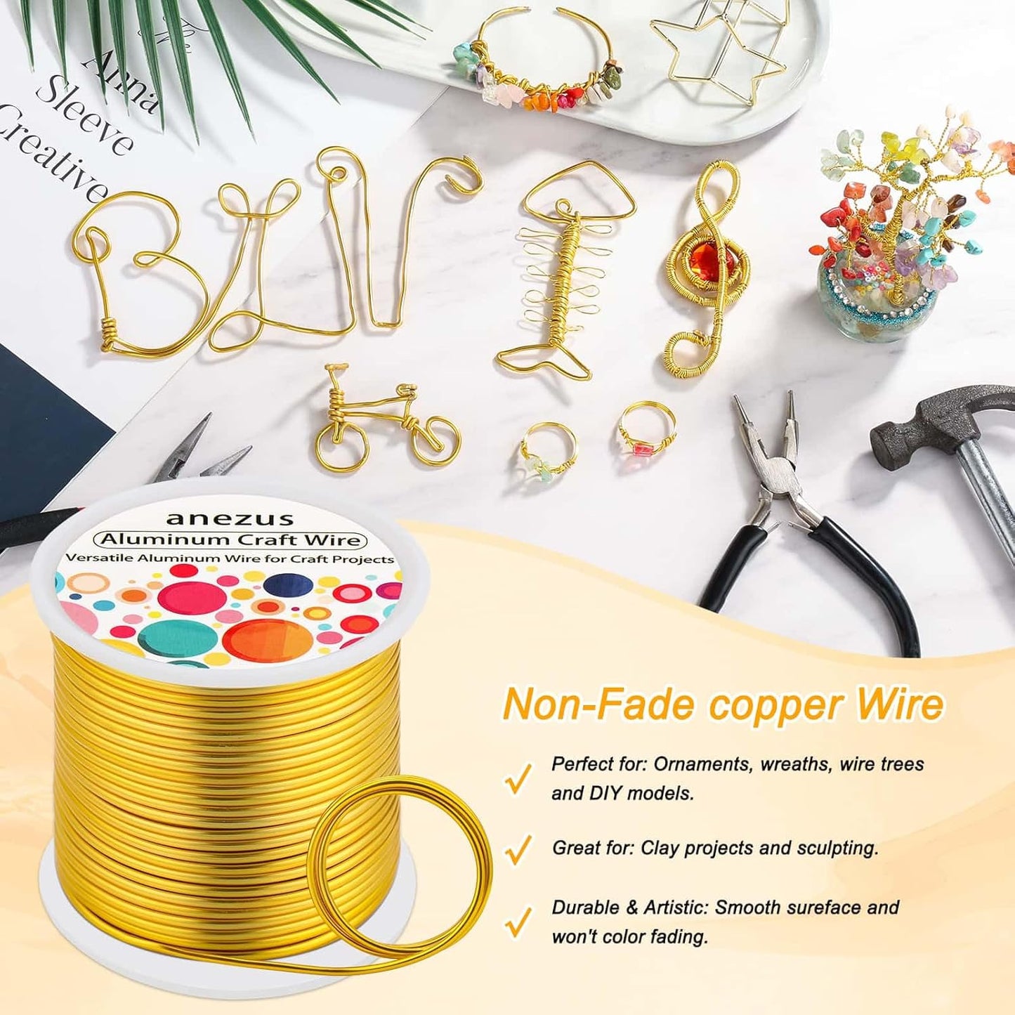 Anezus 12 Gauge Craft Wire Bendable - 2mm Metal Armature Sculpting Wire for Crafting, Wreath Making, Jewelry Making, Beading, Floral (Golden, 100 Feet)