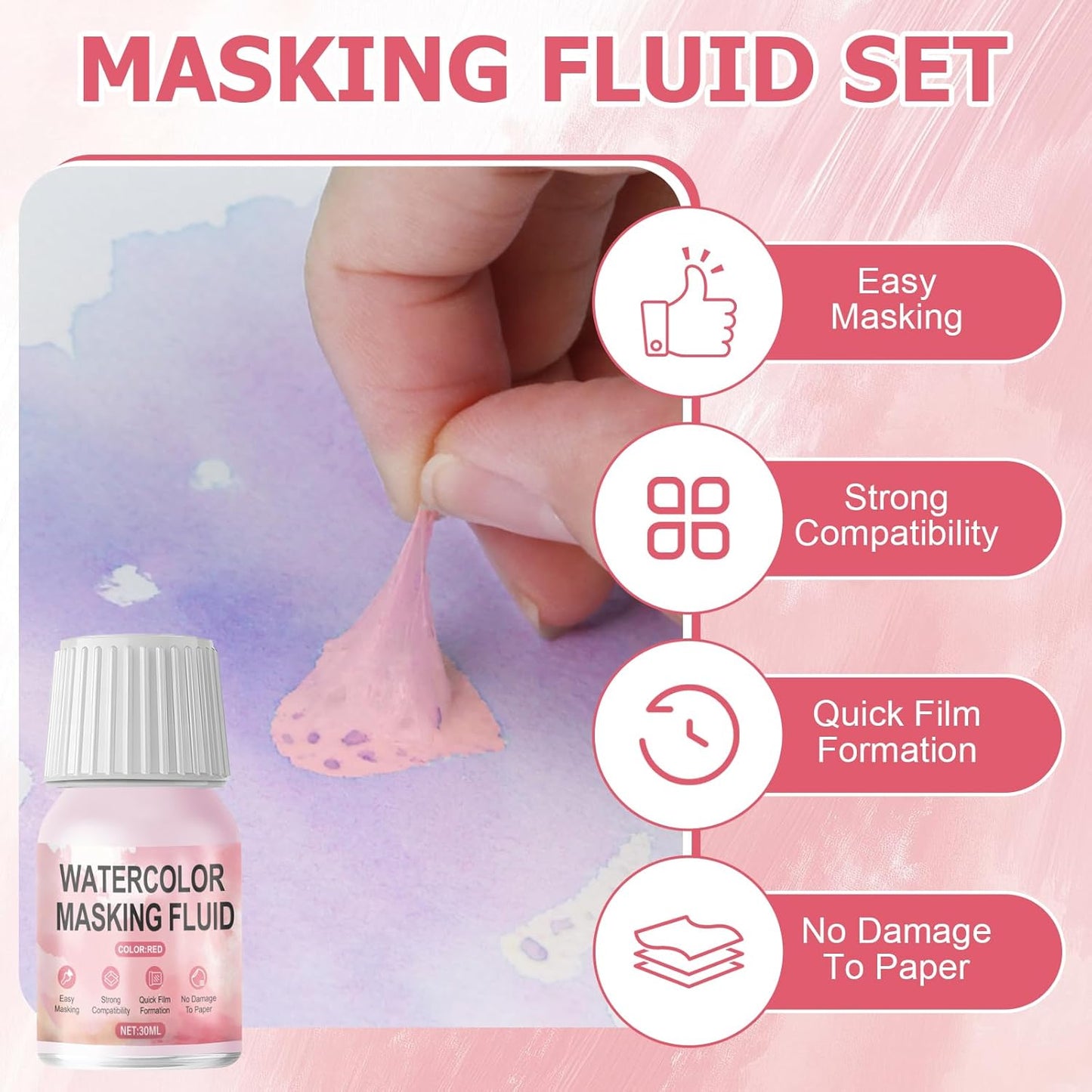 WANJAO Masking Fluid for Watercolor Painting, Liquid Masking Tape with Silicone Pens Cleaning Brush for Painting Fast Drying Easy Peel Use to Art Watercolor Supplies Retouching Covering, 30ml Red