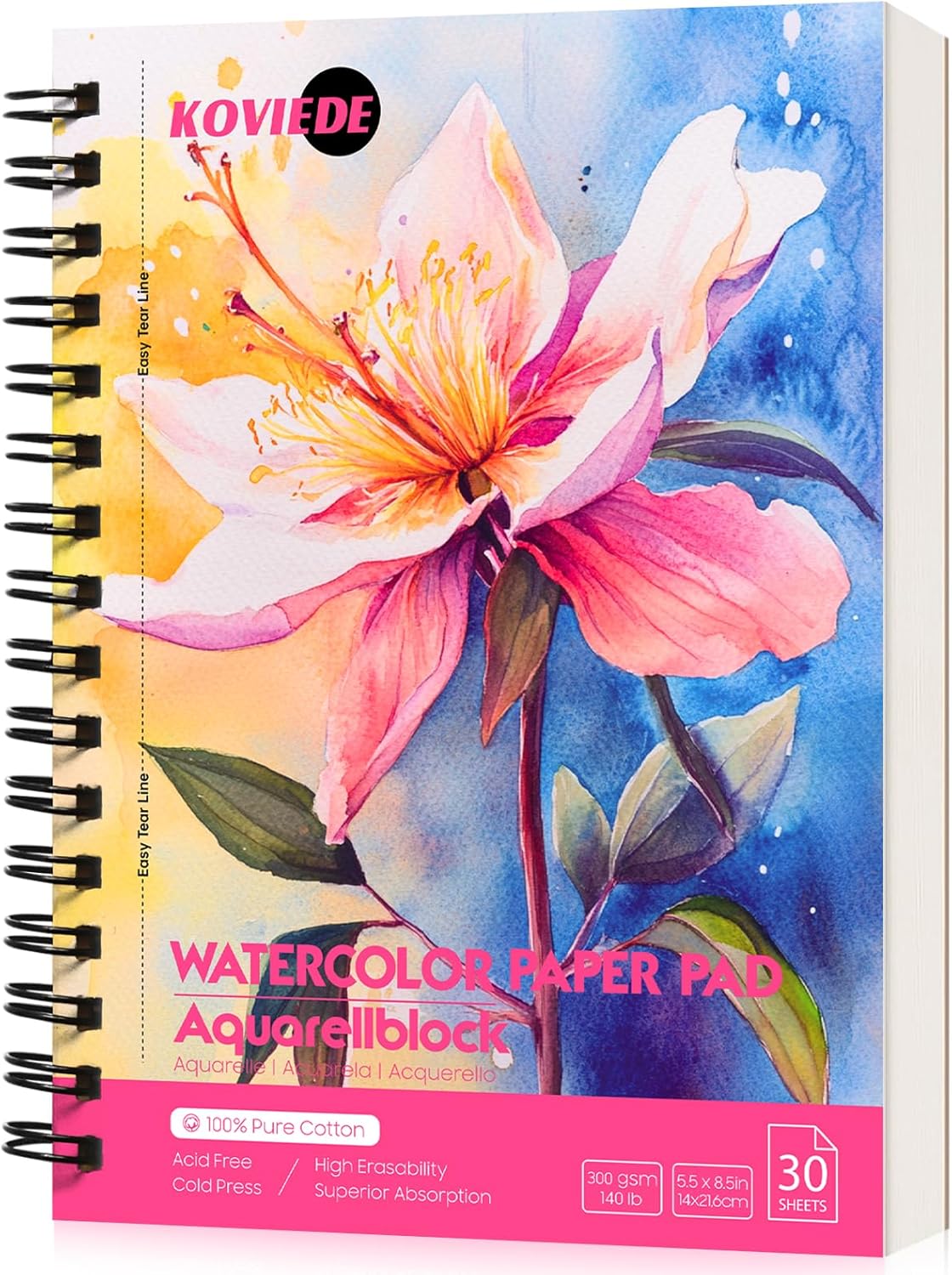 KOVIEDE 100% Cotton Watercolor Paper Pad - 30 Sheets 5.5"x8.5" Spiral Bound, 140lb/300gsm Cold Press Watercolor Sketchbook, Artist Quality Art Journal Supplies for Adults, Kids & Beginners, Pink