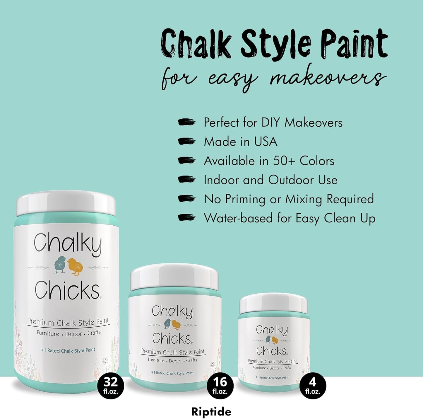Chalky Chicks All-in-One Chalk Paint for Furniture or Cabinet - 32 Fl Oz - Matte Finish Riptide (Green Blue) for Metal, Wood Furniture Paint - No Sanding All-in-One for Home Decor & Crafts, USA Made