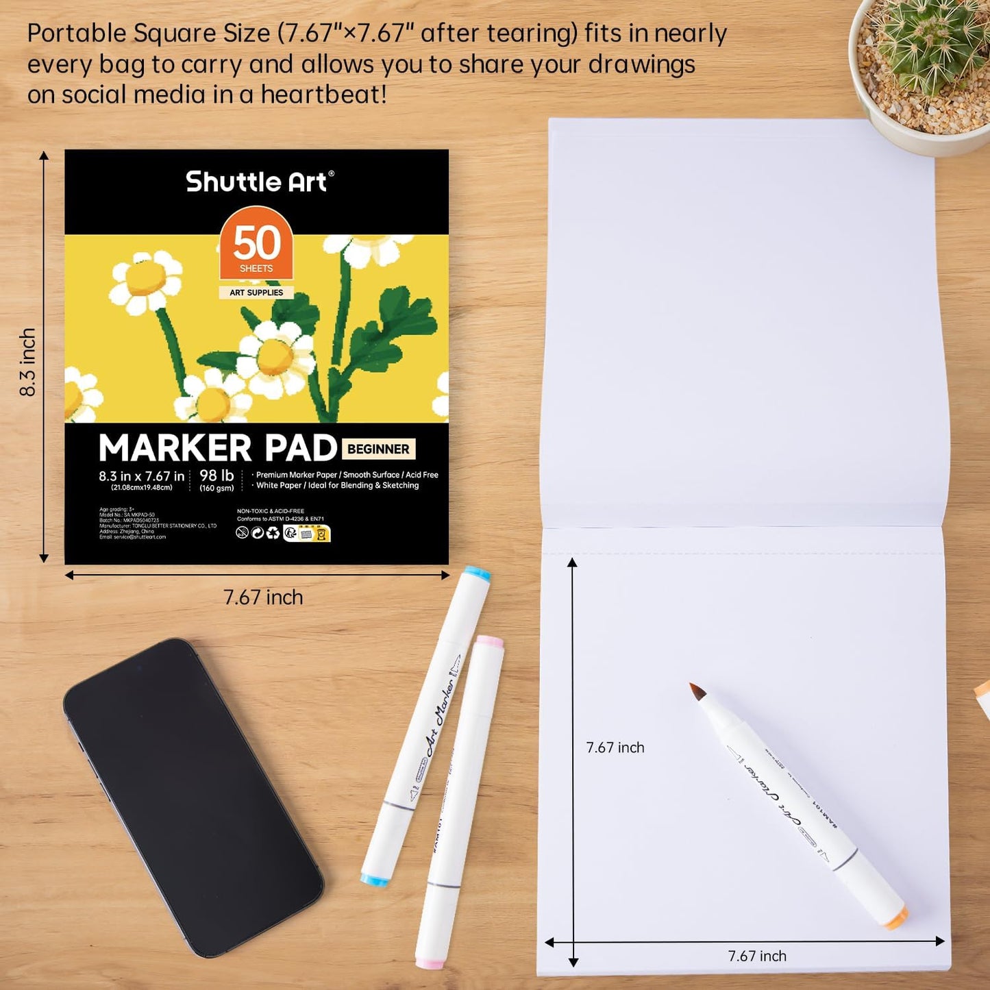 Shuttle Art Marker Pad, 8.3”x7.67” Portable Square Sketchbook, 50 Sheets Marker Drawing Paper, 98LB/160GSM Smooth Surface Bleedproof Art Paper, Glue-Bound, Great for Beginners to Draw, Paint & Sketch