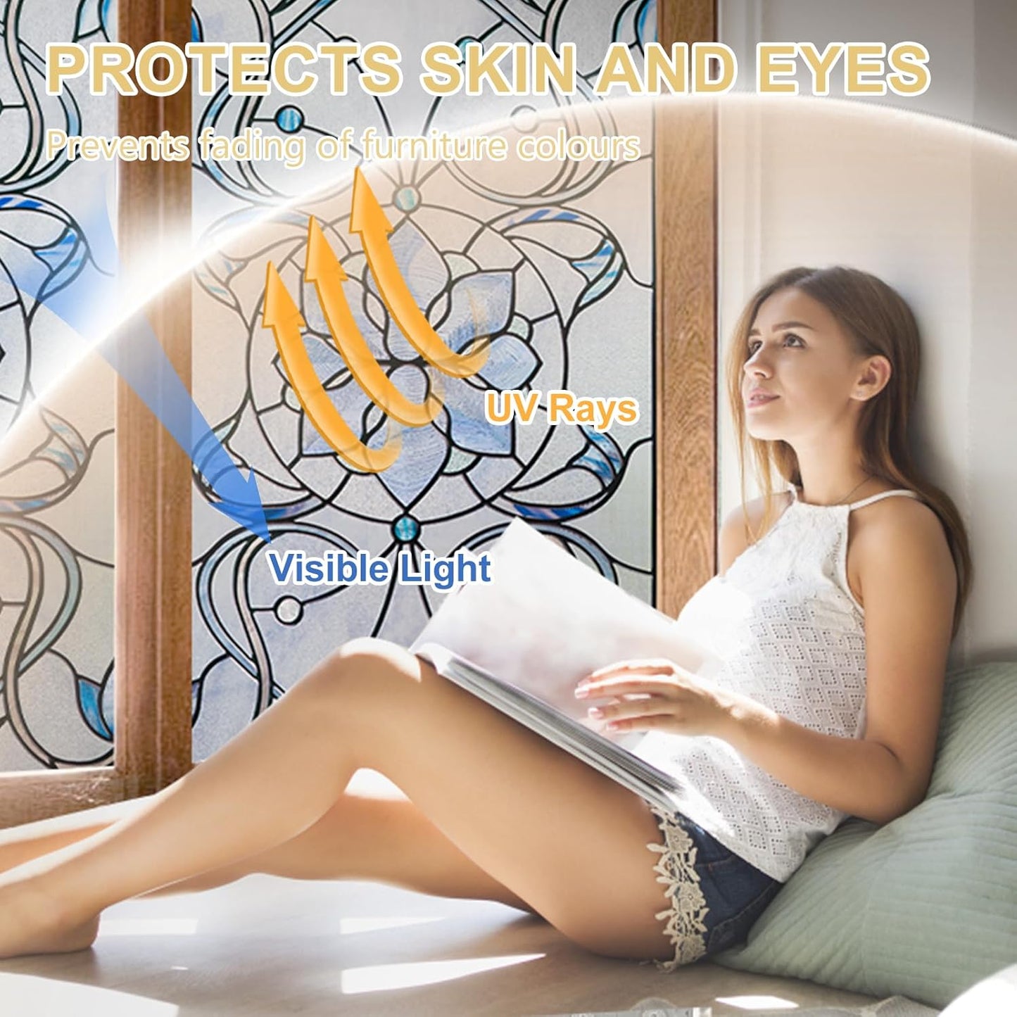 3D Stained Glass Window Privacy Film, Heat Control UV Blocking Static Cling Decorative Window Film for Bathroom,Front Door,Home Non Adhesive,16.9 x 78.7 inches Azure Bloom