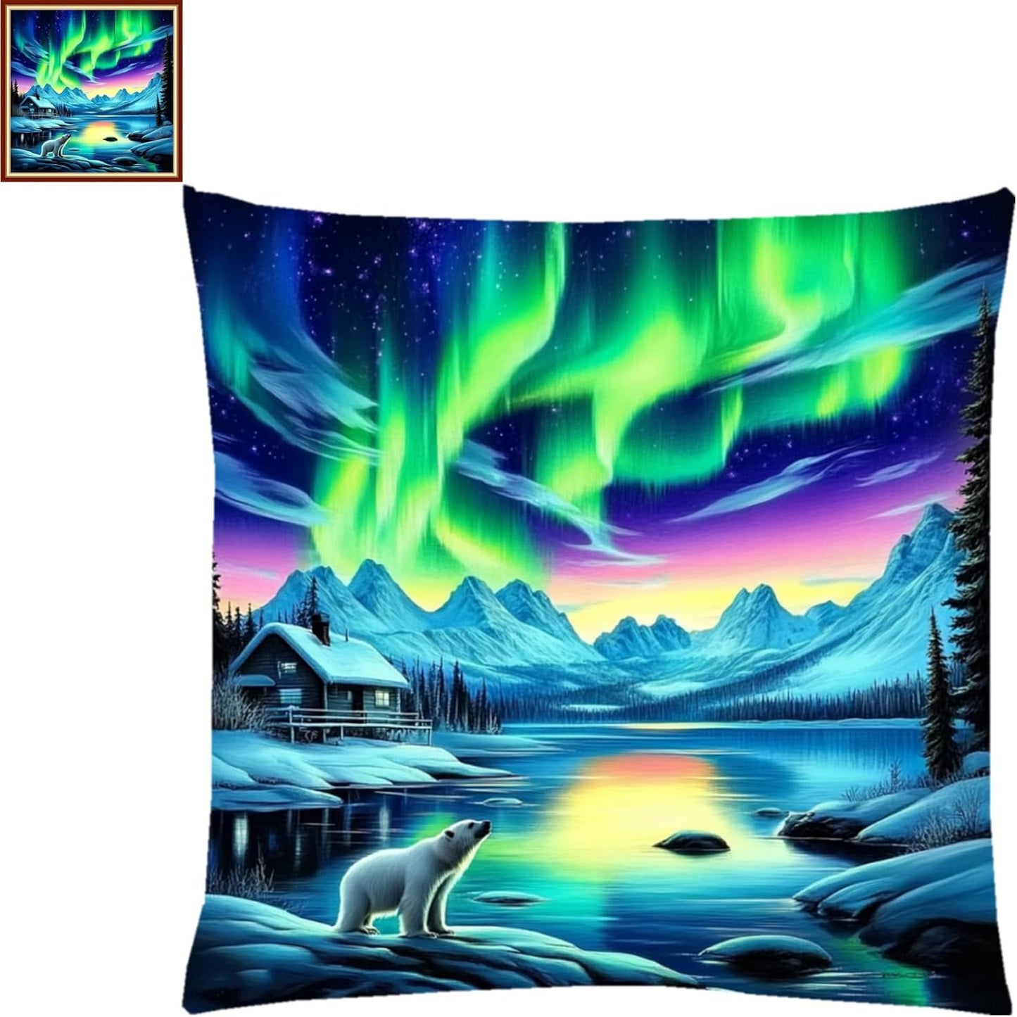 Fanxvivy Stamped Cross Stitch Kits for Adults Beginners Pillow Needlepoint Kit with Embroidery Pattern Needlework Kit Prestamped Stitches Kit 11CT Cross Stitching-Northern Lights Bear 18x18 inch