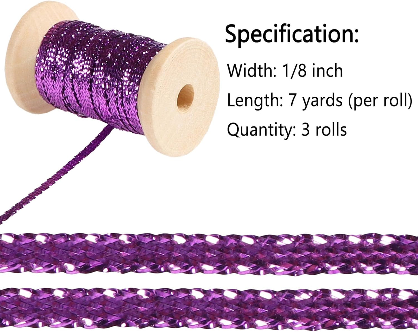 Purple Thin Ribbon 1/8 inch Metallic Braided Double Faced Ribbons Curling Ribbons for Balloon String Crafts Gift Wrapping Party Wedding Christmas Ornaments Decoration 7 Yard x 3 Rolls