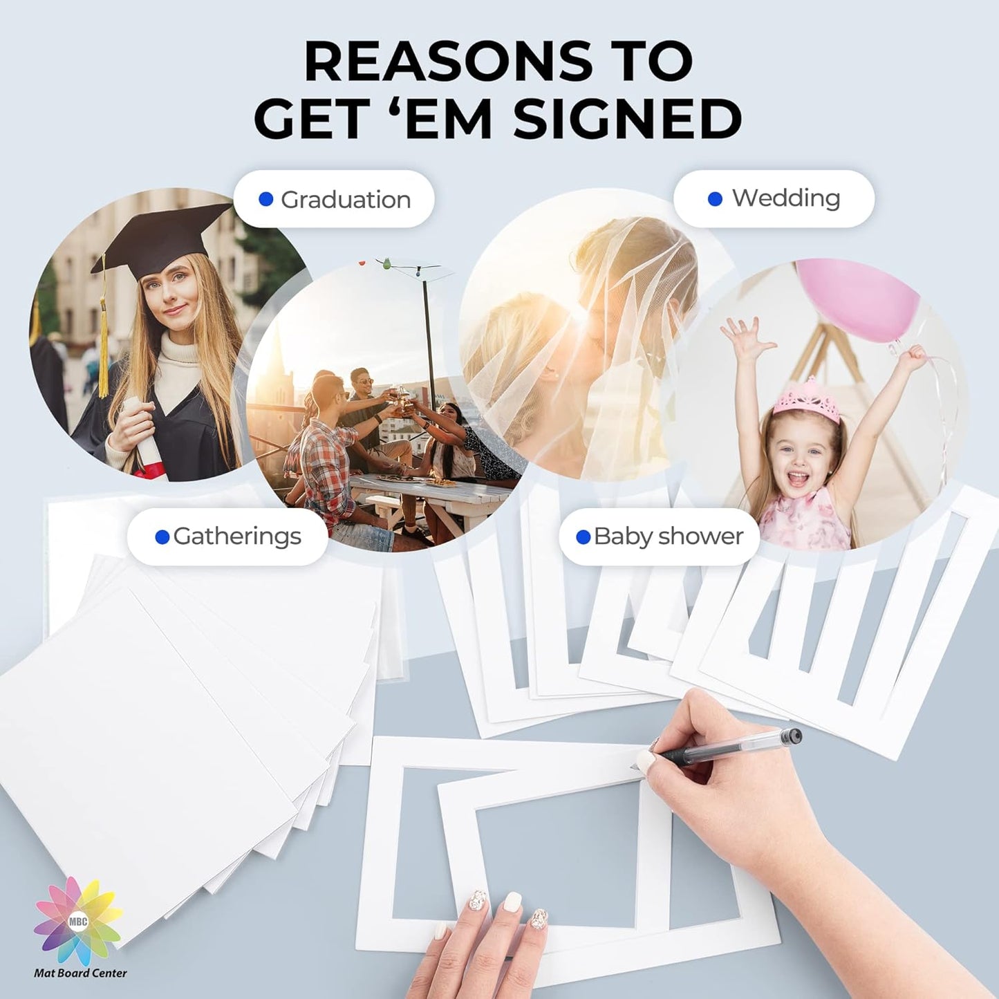 Mat Board Center, Pack of 50, 11x14 for 8x10 White Picture Mat Sets - Acid Free, 4-ply Thickness, Bevel Pre-Cut White Core - Includes Backing Boards and Clear Bags - for Pictures, Photos, Framing