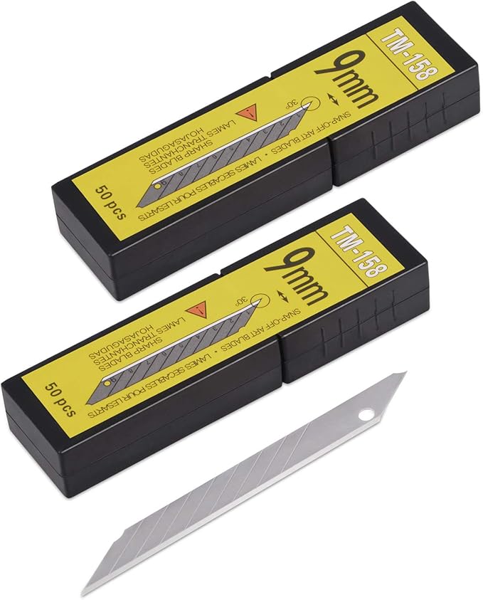 Gomake 100pcs Knife Replacement Blades, 30 Degree Carbon Steel 9mm Snap Off Blades for Retractable Cutting Knives, Hobby, Craft Knife, Box Cutter