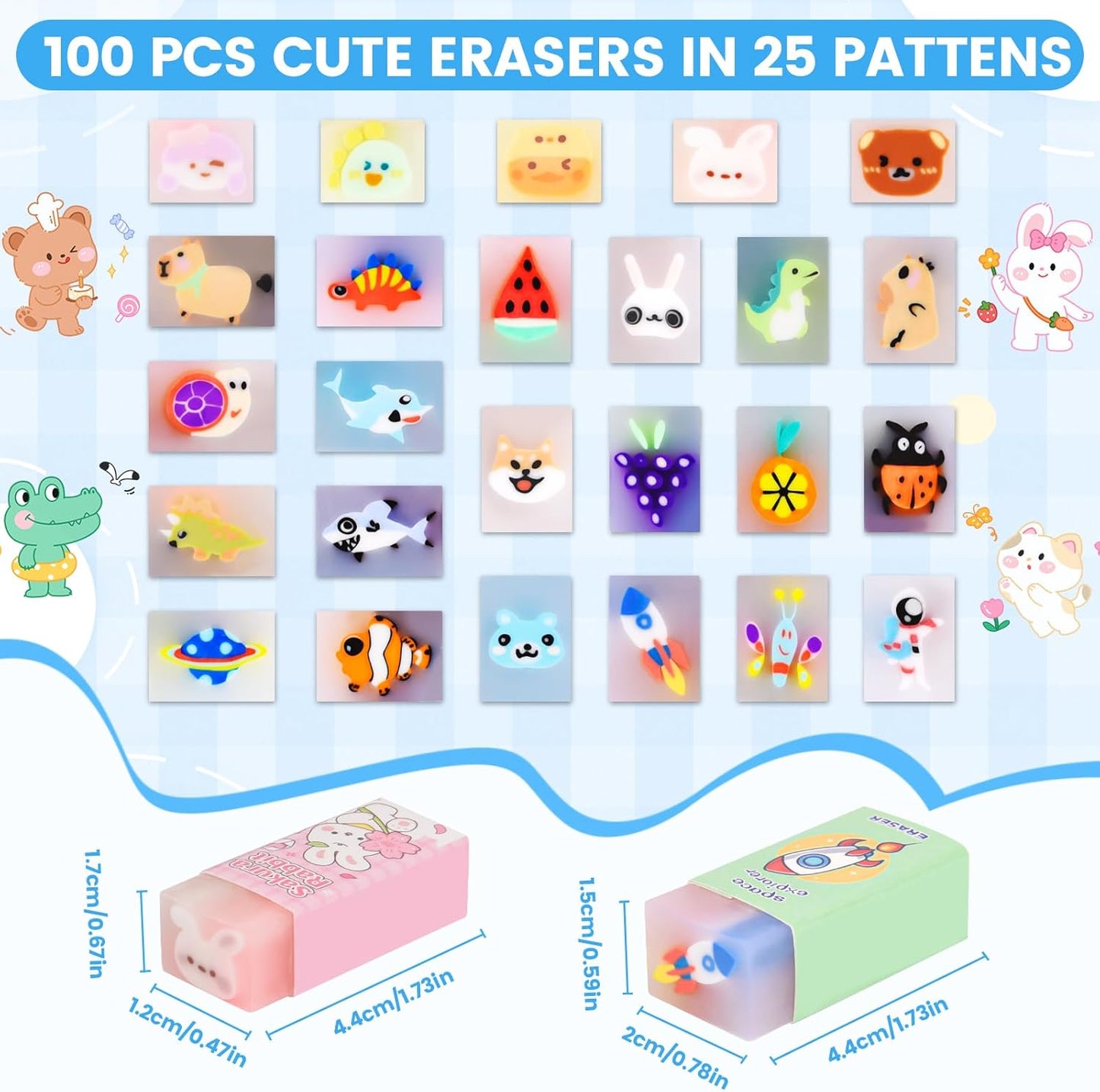 100 Pcs Cute Eraser for Kids Bulk Kawaii Erasers for Classroom Fun Erasers for Back to School Supplies Kid Party Favors Gift