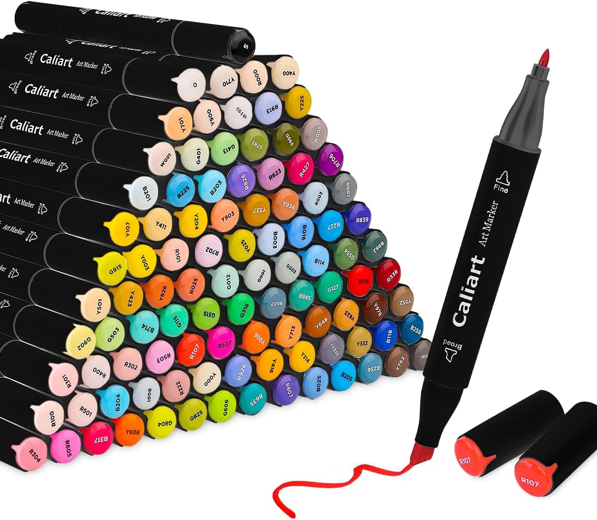 Caliart Markers, 100 Colors Dual Tip Art Markers Sketch Pens Permanent Alcohol Based, with Case for Adult Artist Halloween Drawing Sketching (Black Barrel)