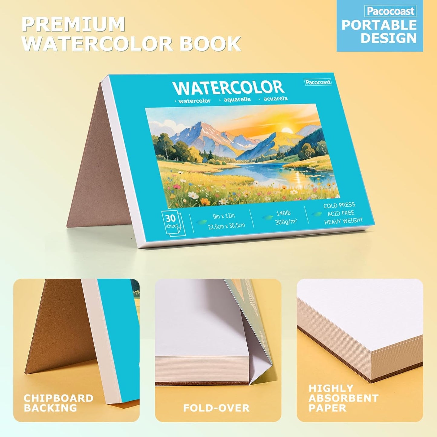 Pacocoast Water Color Paper Bulk, 5.5"x8.5" Art Sketch Book, Pack of 3 (90 Sheets), (140lb/300g) Artist Watercolor Drawing Paper for Kids Adults, Watercolor Pad for Paint, Pencil, Pastel, Crayon