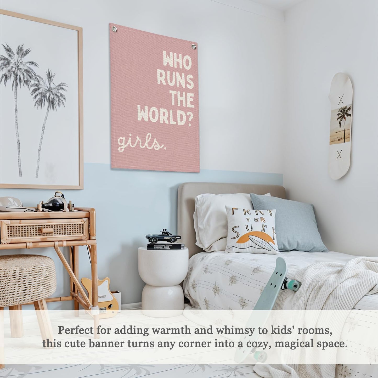 Girls Room Decor for Nursery Decor Linen Canvas Banner,Pink Who Runs The World Girl,Inspirational Wall Hanging Flag Banner for Baby Kids Girl Bedroom Dorm 18x25 Inch