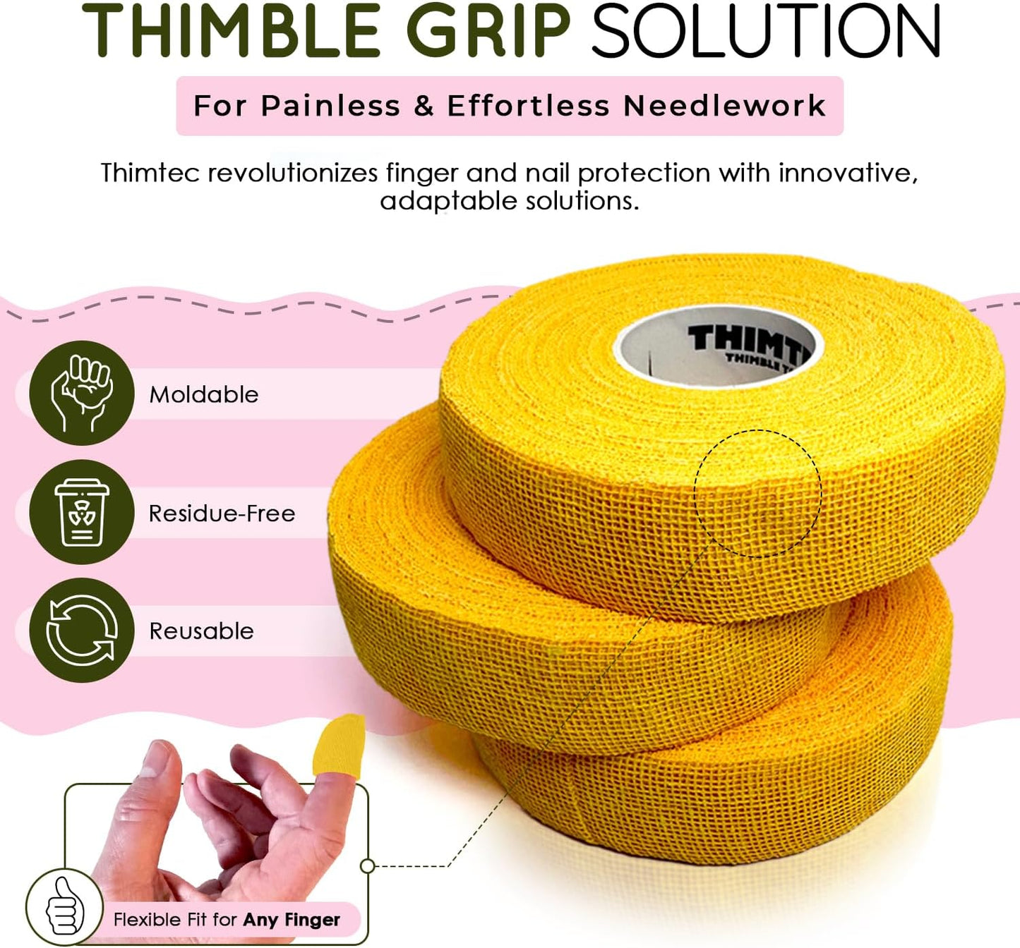 THIMTEC - The Original Thimble Tape for Hand Sewing - Fully Adjustable Nail & Finger Protector - A Smarter Alternative to Classic Knitting Thimbles - Sunshine, 3-Pack