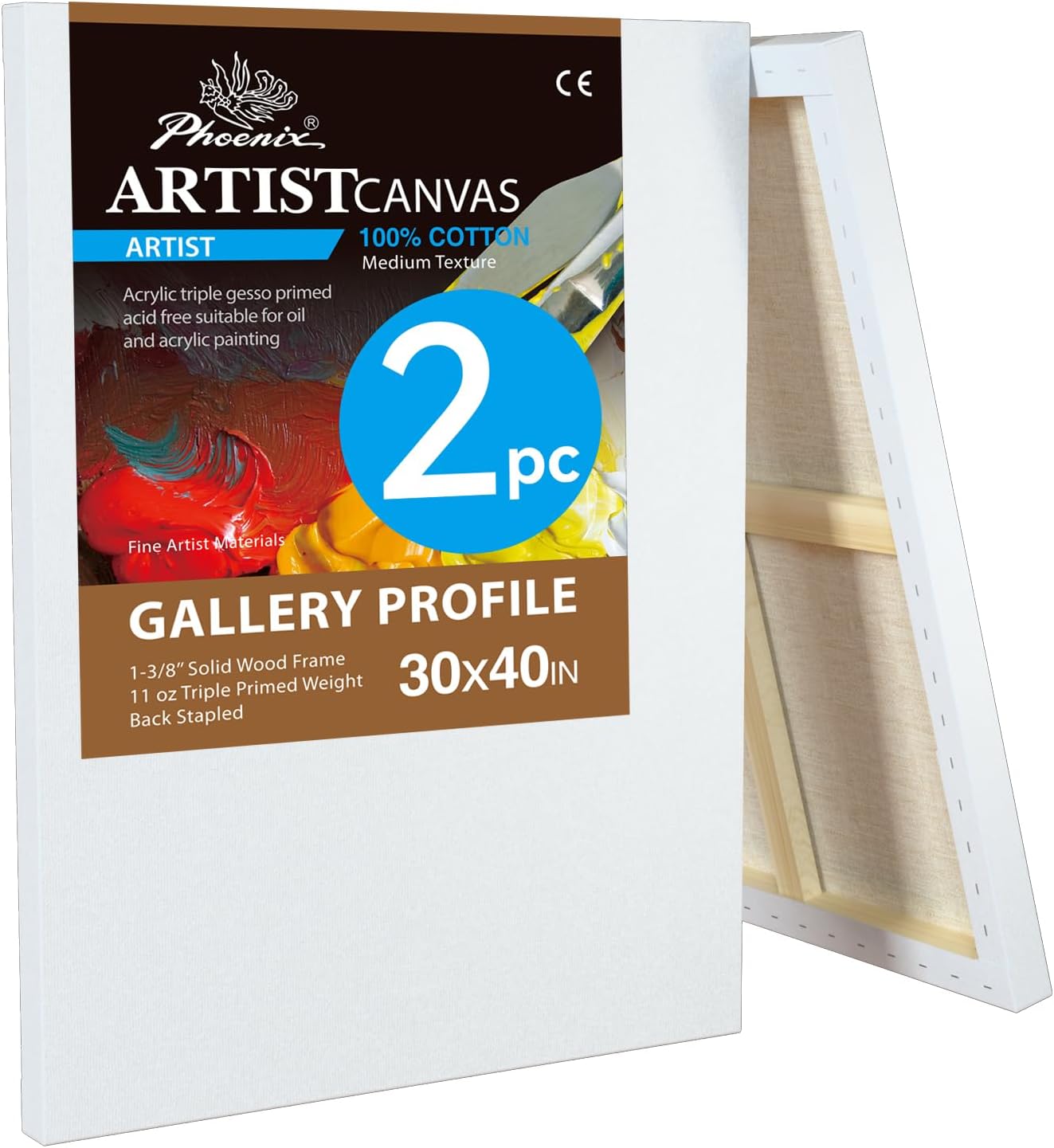 PHOENIX 30x40 Inch 2 Pack Gallery Canvas - 1.5 in Thick Extra Large Canvases for Painting - Deep Edge 100% Cotton 11 Oz. Gesso Primed White Blank Professional Canvas Oil & Acrylic Paints