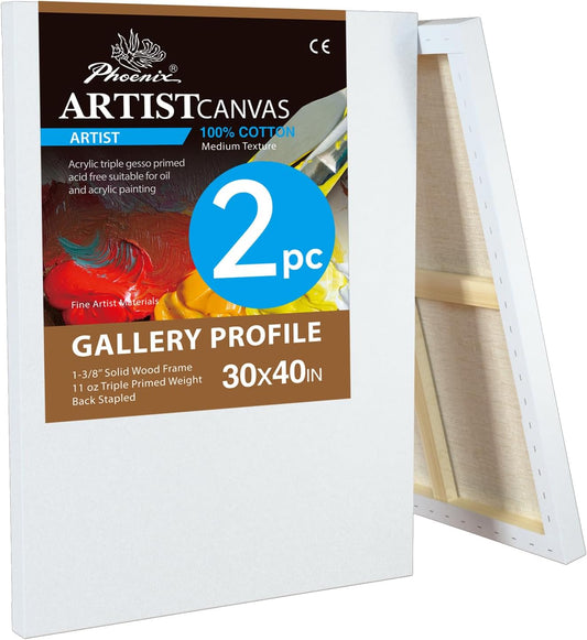 PHOENIX 30x40 Inch 2 Pack Gallery Canvas - 1.5 in Thick Extra Large Canvases for Painting - Deep Edge 100% Cotton 11 Oz. Gesso Primed White Blank Professional Canvas Oil & Acrylic Paints