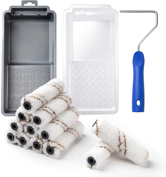 Mister Rui Paint Roller Kit, 16 Pack, 4 Inch Microfiber Paint Rollers, Small Paint Roller Covers, Disposable Paint Tray Liner and Frame, Mini Rollers for Painting Walls, Doors, Cabinets