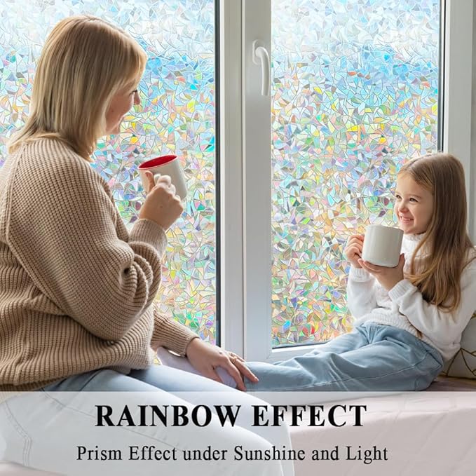 3D Prism Window Film,Transparent Decorative Glass Film Window Door Tint,Rainbow Effect Static Cling Heat Control Anti UV for Kitchen,Dining Room,Bedroom,Living Room,17.5 inches by 78.7 inches