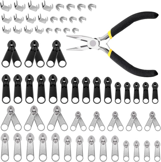 Glarks 85pcs #3#5#8 Zipper Repair Kits Includes 39pcs Metal Zipper 30pcs U Shape Top Stops 15pcs Bottom Stoppers with 1pcs Sharp-Nosed Pliers, Zipper Sliders Zipper Pull Replacement Zip Fixer Part